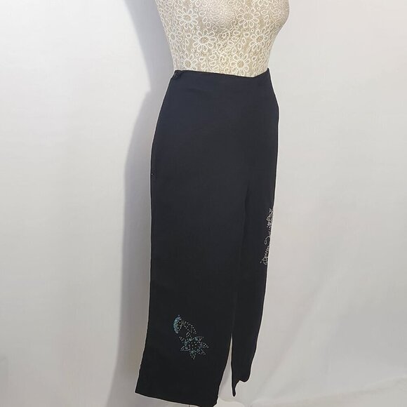 Larry Levine Women 8P Black Linen Blend Floral Beaded Crop Pant Side Zip Casual - Picture 4 of 16